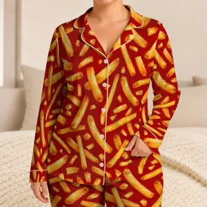 Golden French Fries and Ketchup Tones for Cozy Movie Nights and Casual Lounging Satin Pajamas Set