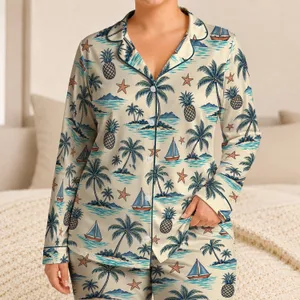 Tropical Island Palms, Pineapples and Sailboats for Easy Seaside Escapes All Summer Satin Pajamas Set