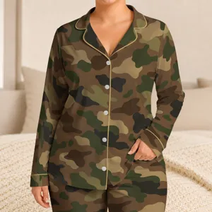 Woodland Camouflage in Olive Khaki and Brown for Outdoor Relaxation Satin Pajamas Set