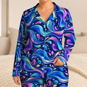 Iridescent Ocean Waves and Neon Fluid Ribbons for Relaxed Summer Beach Getaways Satin Pajamas Set