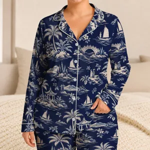 Navy Coastal Scenes for Relaxed Beachside Getaways and Seaside Lounging Satin Pajamas Set