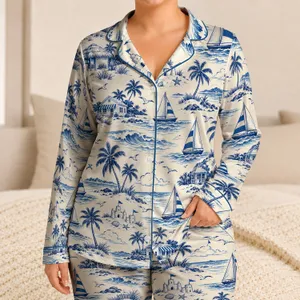 Blue Coastal Seaside Sketches for Relaxing Beach Getaways and Carefree Summer Travel Satin Pajamas Set