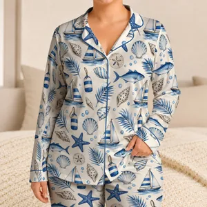 Blue Ocean Sea Life and Sailboats for Relaxed Coastal Getaways and Beach Holidays All Summer Satin Pajamas Set