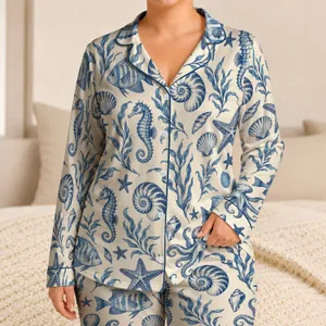 Indigo Sea Creatures and Starfish for Relaxed Coastal Summer Lounging Satin Pajamas Set
