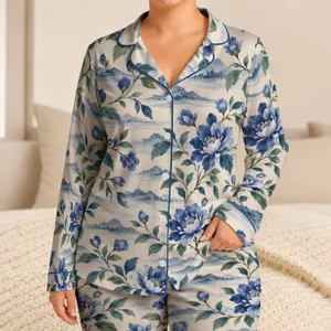Blue And White Botanical Stripes For Relaxing Coastal Getaways Satin Pajamas Set