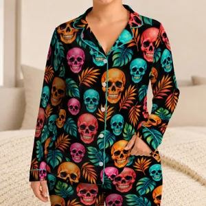 Neon Skull And Tropical Leaf Motifs For Bold Beach Getaways And Summer Lounging Satin Pajamas Set