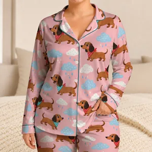 Playful Dachshund and Puffy Cloud Motifs for Cozy Nights and Weekend Lounging at Home Satin Pajamas Set