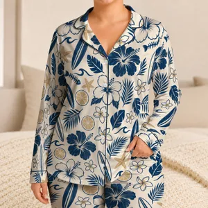 Navy Hibiscus, Citrus and Surfboard Motifs for Relaxed Coastal Getaways by the Sea Satin Pajamas Set