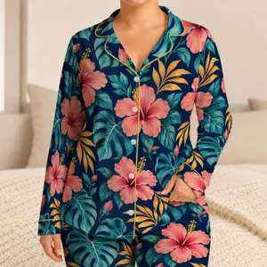 Coral Hibiscus and Monstera Leaves for Relaxed Island-Inspired Summer Lounging Satin Pajamas Set