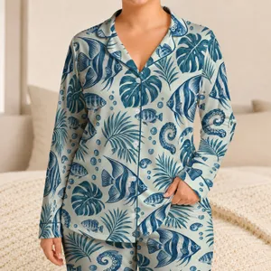 Blue Tropical Fish and Coastal Leaves for Relaxed Summer Beach Getaways Satin Pajamas Set