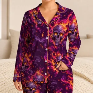 Flaming Gothic Skull Motifs for Spooky Nights and Alternative Lounge Style for Adults Satin Pajamas Set