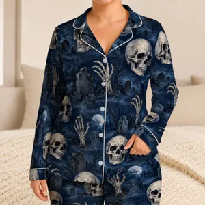 Gothic Skull And Skeletal Hands For Halloween Nighttime Lounge Style For Men Satin Pajamas Set