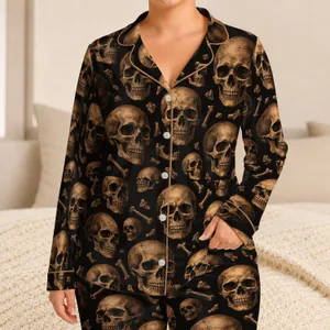 Antique Bronze Skull Motifs for Relaxed Evenings and Cozy Weekend Lounge Style at Home Satin Pajamas Set