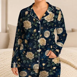 Ivory Roses, Moon And Golden Stars For Cozy Evenings And Relaxing Nights Satin Pajamas Set