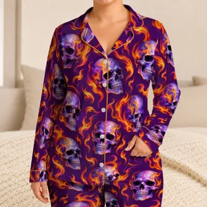 Purple Flaming Skulls for Bold Gothic Nights and Cozy Relaxation Satin Pajamas Set