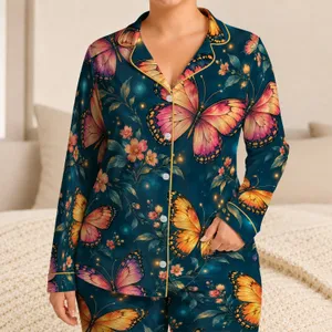 Luminous Butterfly and Amber Glow Motif for Dreamy Evening Relaxation Satin Pajamas Set