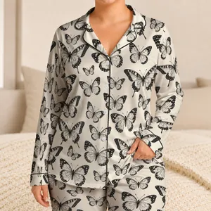 Black And White Butterfly Motif For Calm Nature-Inspired Evenings Satin Pajamas Set