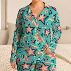 Teal Coral And Cream Geometric Stars For Relaxed Weekend Lounging Gift For Him Satin Pajamas Set