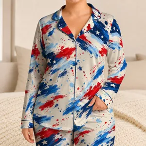 Red White Blue Brushstroke Style for Relaxed Casual Lounging Satin Pajamas Set
