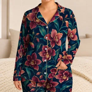 Midnight Orchid Blooms for Relaxed Evening Lounging and Botanical Gift Giving Satin Pajamas Set