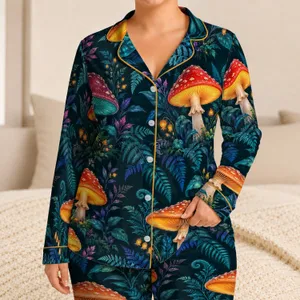Glowing Woodland Mushrooms for Cozy Forest Nights and Relaxed Couples Satin Pajamas Set