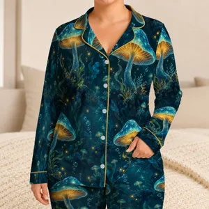 Bioluminescent Deep Sea Mushrooms for Cozy Nights and Underwater Fantasy Fans Satin Pajamas Set