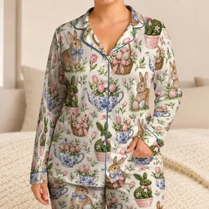 Bunny And Easter Egg Motifs For Cozy Spring Family Celebrations Satin Pajamas Set