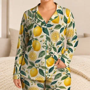 Sunny Lemon and Leaf Motifs for Relaxed Summer Lounging and Fresh Everyday Gifting Satin Pajamas Set