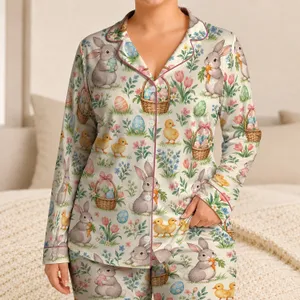 Easter Bunny and Duckling Scenes for Cheerful Springtime Holiday Lounging at Home Satin Pajamas Set