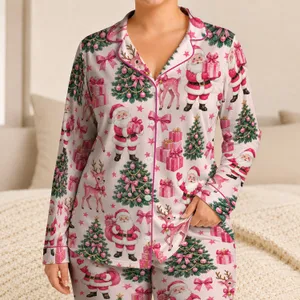 Pink Santa, Reindeer And Gifts For Cheerful Christmas Mornings And Cozy Holiday Gifting Satin Pajamas Set