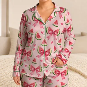 Watermelon Bow and Heart Accents for Fresh Spring and Summer Lounging for Women Everyday Satin Pajamas Set