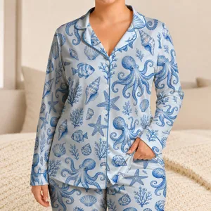 Blue Ocean Creatures for Coastal Getaways and Relaxed Evenings by the Sea for Her Satin Pajamas Set