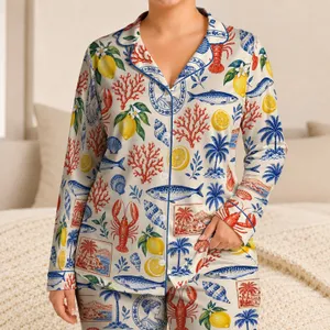 Mediterranean Citrus, Lobster and Sardine Motifs for Relaxed Coastal Summer Getaways Satin Pajamas Set