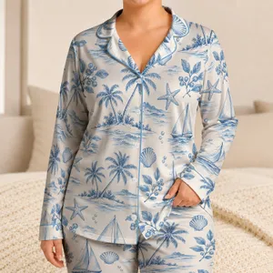 Blue Coastal Palms And Sailboats For Relaxed Vacation Mornings By The Sea Satin Pajamas Set