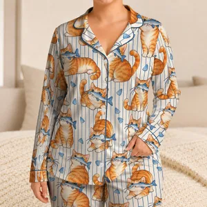 Playful Orange Cats with Blue Catfish for Cozy Home Evenings and Holiday Lounging Satin Pajamas Set