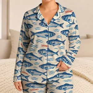 Blue Sardine Ocean Motifs for Coastal Lounging and Relaxed Summer Evenings for Her Satin Pajamas Set