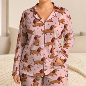 Cute Dachshunds and Pink Dots for Cozy Spring Lounging, A Gift for Dog Lovers at Home Satin Pajamas Set