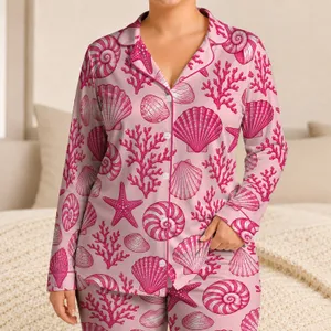 Pink Seashells and Starfish for Coastal Getaways and Relaxed Summer Morning Lounging Satin Pajamas Set
