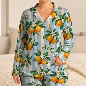 Blue Stripe Oranges and Blossoms for Relaxed Summer Lounging at Home for Women Satin Pajamas Set