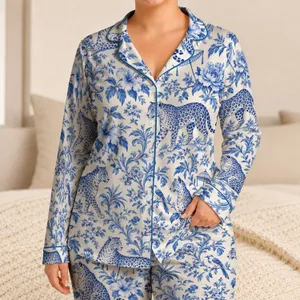 Blue Leopard and Floral Toile for Relaxed Resort Living and Thoughtful Gift Giving Satin Pajamas Set