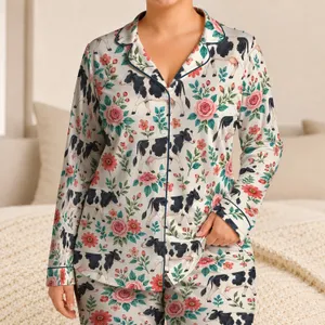 Black And White Cows With Garden Roses For Cozy Farmhouse Lounging And Gift Giving Satin Pajamas Set