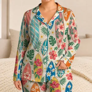 Colorful Surfboard and Hibiscus Motifs for Relaxed Coastal Summer Living Satin Pajamas Set