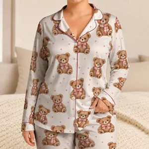 Watercolor Teddy Bears and Pink Dots for Cozy Evenings and Relaxed Weekends Satin Pajamas Set