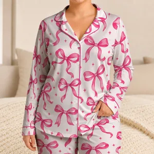 Hot Pink Ribbon Bows for Cozy Lounging and Sweet Everyday Relaxation Satin Pajamas Set