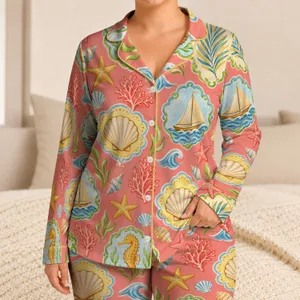 Retro Ocean Shells and Sailboats for Relaxed Coastal Evenings at Home Satin Pajamas Set