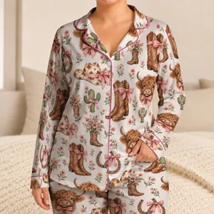 Cowgirl Boots, Bows and Ranch Icons for Cozy Lounging and Thoughtful Gift Giving Satin Pajamas Set