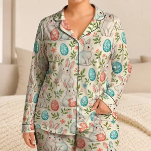 Watercolor Rabbit And Easter Egg Motifs For Cozy Spring Holiday Mornings At Home Satin Pajamas Set