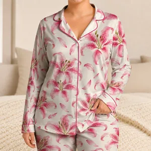 Pink Stargazer Lilies for Romantic Springtime Lounging and Serene Gifting Moments Satin Pajamas Set