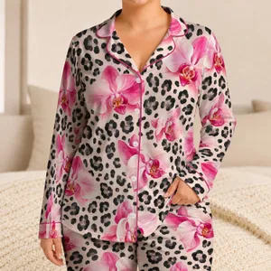 Pink Orchid Blooms And Chic Leopard Spots For Cozy Evenings At Home And Getaways Satin Pajamas Set