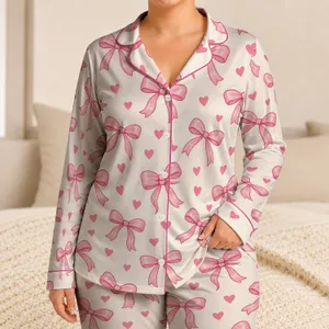 Pink Ribbon Bows and Hearts for Romantic Valentine's Day Lounging and Cozy Home Style Satin Pajamas Set